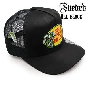 Black Sueded Mesh Hat w/ Solo Pesco Billete Design & Green Bass Pin – High Crown Snapback | Ranchero Chido Novelty Cap Premium Headwear