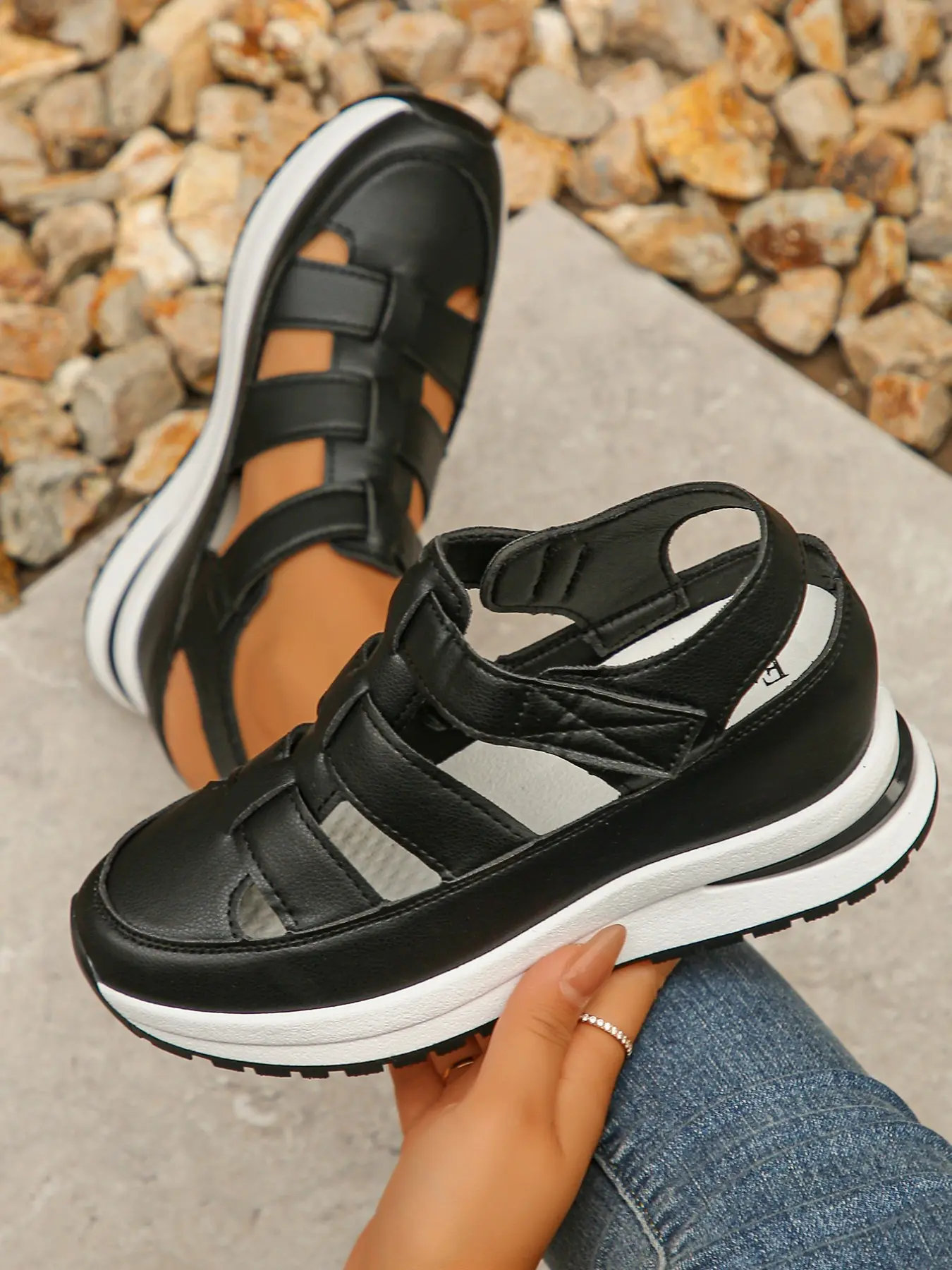 Women's Fashionable Velcro Fastening Wedge Sneakers Low Wedges Platform, Casual Comfortable Soft Sole Adjustable Sandals for Summer, Lightweight Breathable Shoes for Daily Wear