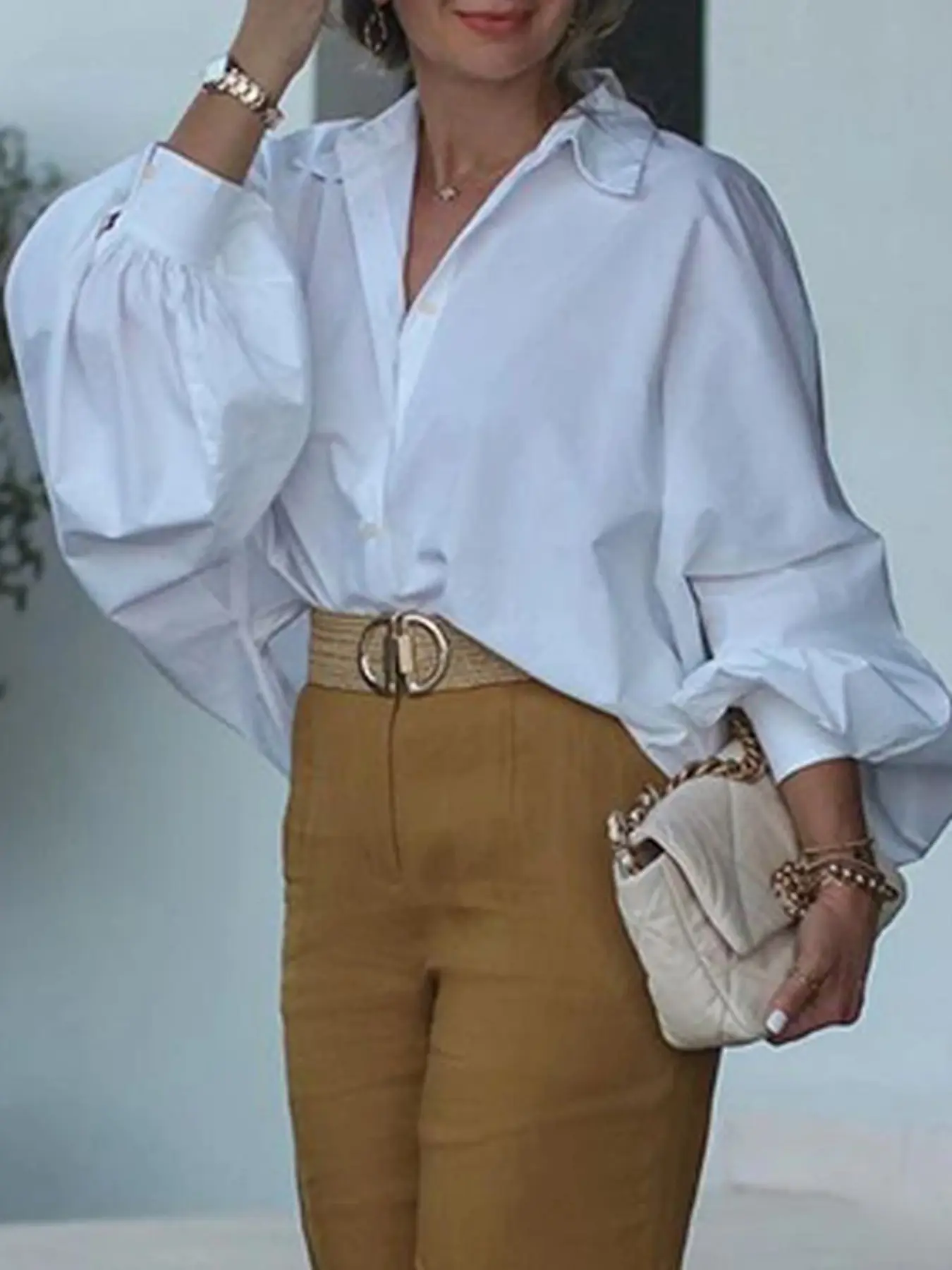 Loose fluffy sleeves solid color lapel shirt, fashionable women's shirt, suitable for daily commuting, versatile functions