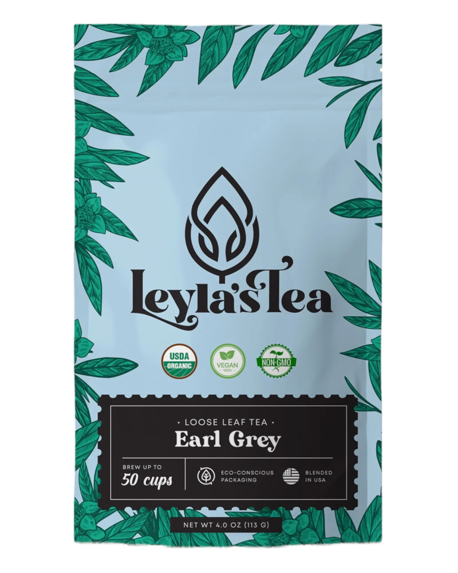 Earl Grey Loose Leaf Green Tea 4 OZ, Eco-Conscious Biodegradable Kraft Bag, by Leyla's Tea Organic Sugar Free Natural