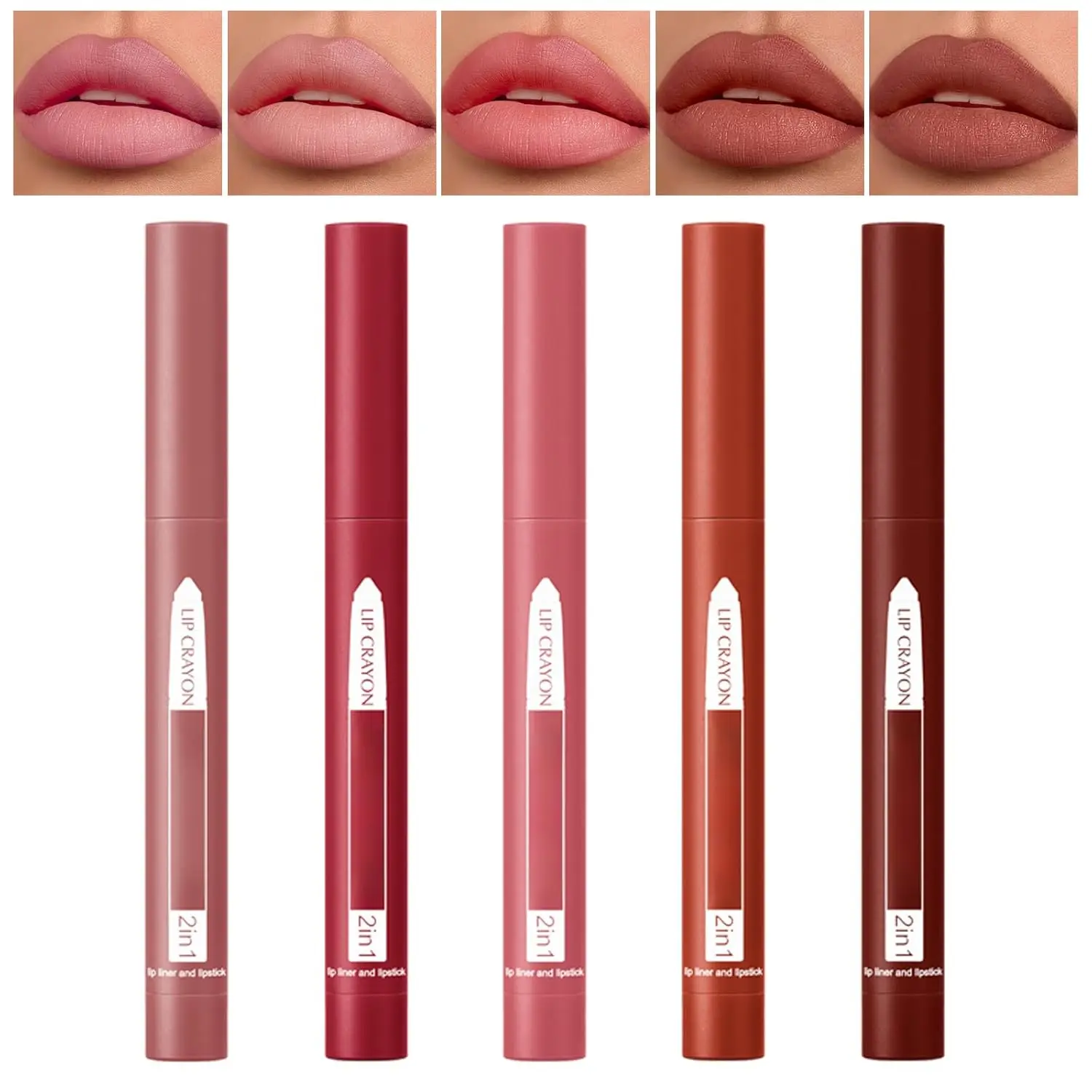 2 in 1 Lipstick Crayon with Built-in Sharpener, Precision Tip Matte Lip Liner Pen, Long-lasting Smudge-proof Lip Crayon Makeup Kit, Creamy Nude Rosy Tinted Balm Velvet Lip Stick Set