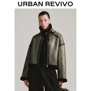 URBAN REVIVO Women's Fitted Casual Bold Look Faux Leather Jacket - Bold Contrast Hem, Regular Sleeve, Solid Colors Outerwear UWM150123, Leather Jacket Outfit, Zipper Jacket