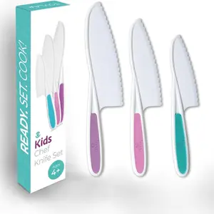 Knives for Kids 3-Piece Kitchen Baking Knife Set: Montessori Children's Real Cooking Knives in 3 Sizes & Colors/Firm Grip, Serrated Edges, BPA-Free Kids' Toddler Knives (colors vary)