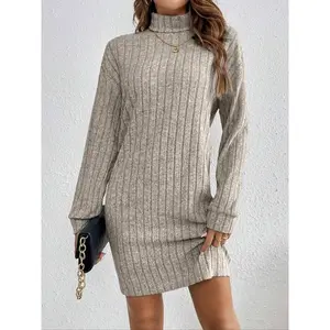 Women's Turtleneck Long Sleeve Knitted Dress Casual Solid Color Pullover Sweater Dress