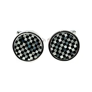 MENDEPOT Mother Pearl Onyx Stone Checks Round Cufflinks Men Birthday Wedding Gift