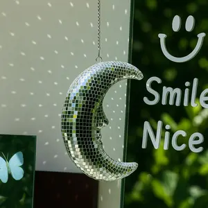 Disco moon hanging pendant, reflective mirror decoration, wall mirror ornaments, retro disco with chain hanging pendant, garden wall holiday decoration hanging pendant