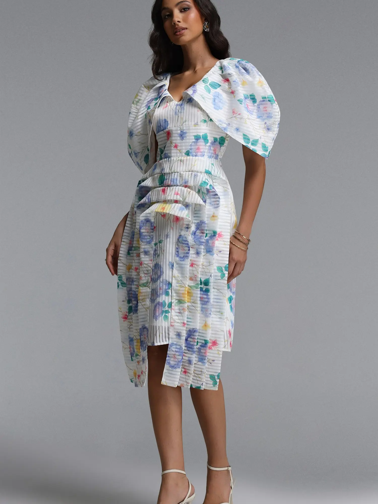 BellaBarnett Wezal Casual Wear Women's Fit Midi Dress - Chic Tailored, Woven Fabric, Floral Print, Striped Pattern