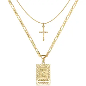 Gold Layered Initial Cross Necklace 14K Gold Plated Square Pendant  Chain for Women Girls 26 Capital Letters  Unique WearinJewelryg Experience