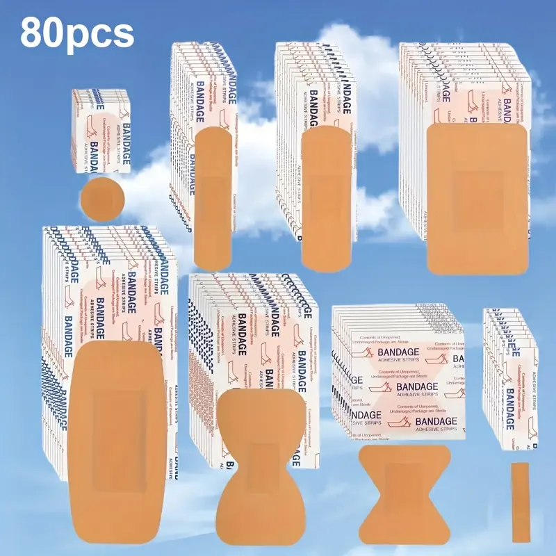 80pcs Assorted Waterproof Adhesive Bandages - 8 Shapes Mixed First Aid Strips, Breathable Wound Care Dressing for Home, Outdoors, All Body Parts Including Thumbs, Paper Cuts