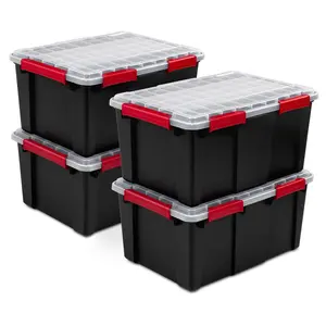 Sterilite 20 Gal Gasket Box, Stackable Storage Container with Lid, Black, 4 Pack