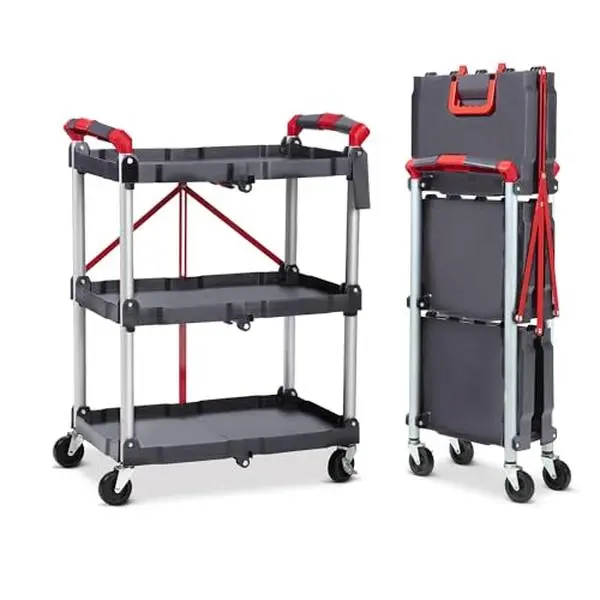 3 Tier Folding Service Cart, Foldable Utility Cart with Wheels, Collapsible Rolling Carts with 4 Swivel Wheels, for Home Kitchen, Garage, Restaurant, Office, Grey & Red