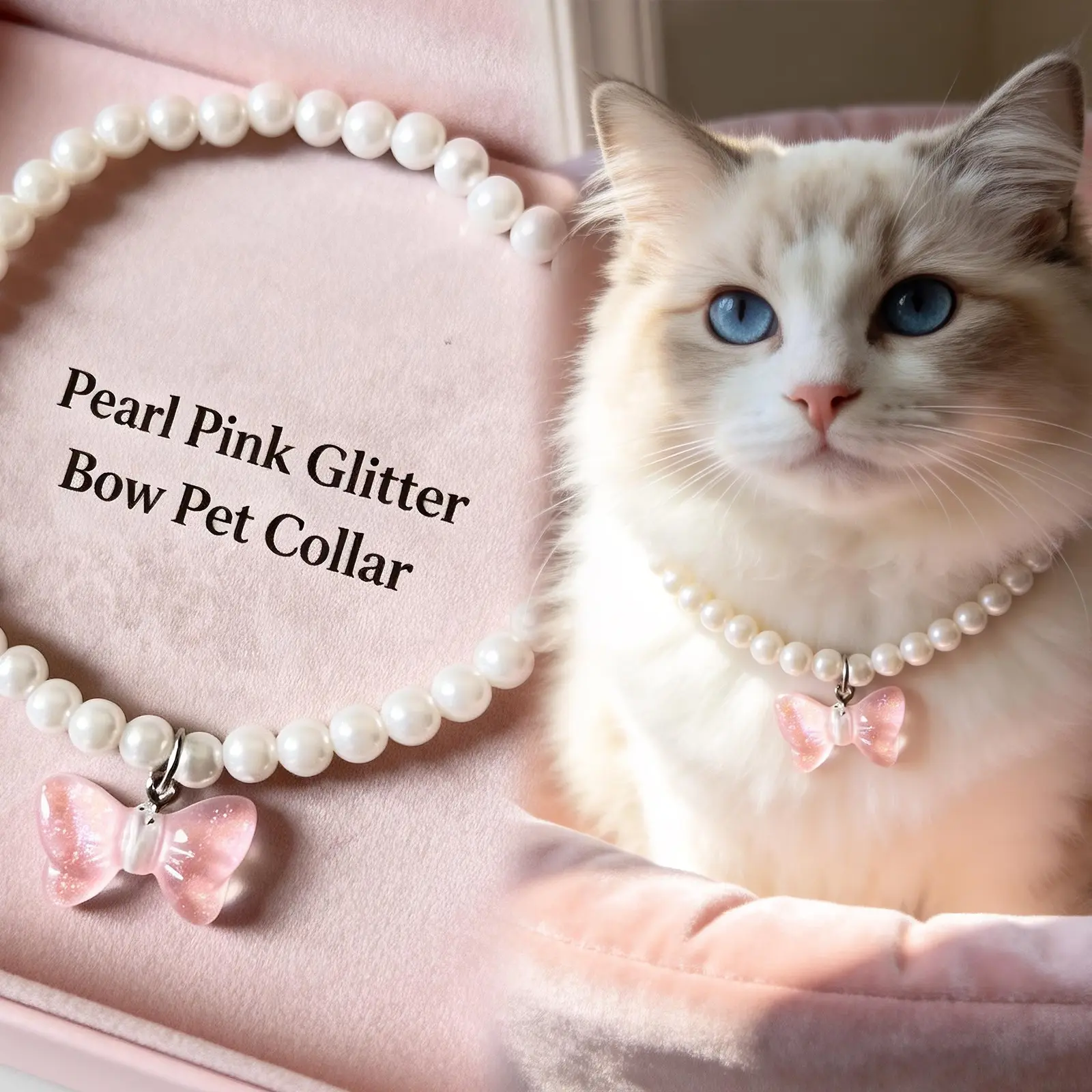 Pet Pearl Necklace with Cute Glitter Bow, Handmade Elastic Collar with Sequin Pendant, Suitable for Cats and Dogs, Daily Wear Accessory