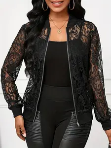 Elegant Plus Size Floral Pattern Long Sleeve Lightweight Lace Baseball Jacket Coat, Women's Fashion Outerwear, Stylish and Comfortable