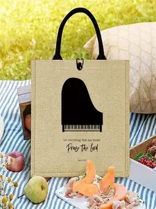 Hot Selling Piano Print Handbag, Fashion Simple Style Jute Bag, Outdoor Picnic Party Travel Shopping, All Seasons Cosmetic Bags