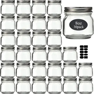 8 oz 30 Pack- Small Mason Jars With Silver Lids -1/4 Quart Canning Jars |   Storage Glass Jars With Lids For Jelly, Jam, Honey, Pickles - Spice Glass Jars - With 30 Chalkboard Labels