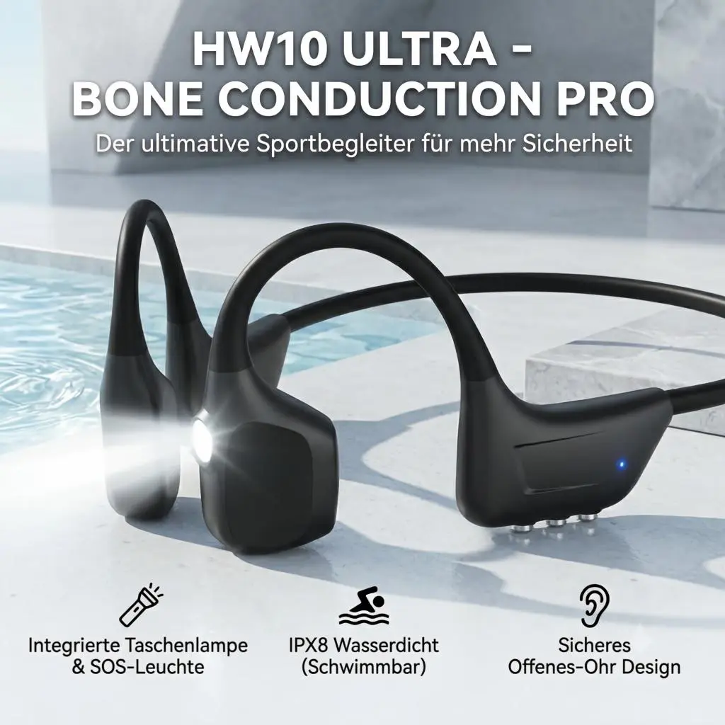 HW10 Open Ear Bone Conduction Headphones, ,IPX8 Waterproof Swimming Earbuds Built-in 32GB Storage with Emergency LED Flashlight;Bluetooth 6.0 Wireless Earbuds Hi-Fi Stereo Running Earphones, Workout Ear Buds for Sports/Travel