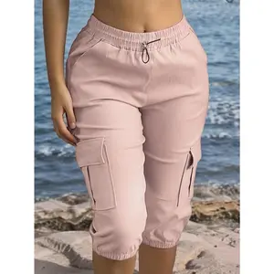 Flap Pocket Capris Cargo Pants, Casual Drawstring Solid Color Sporty Pants, Women's Clothing Adjustable Womenswear
