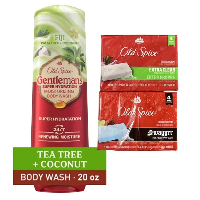 Old Spice Super Hydration Moisturizing Body Wash & Cleanser - Palm Tree Coconut Scented, 20oz, plus 8 Aluminum-Free Acne Treatment Moisturizer Soap Bars