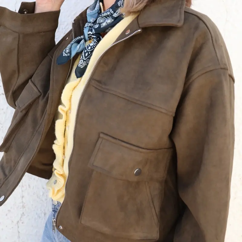Rae: Suede Fall Jacket - Brown Suede Jacket with Pockets, Plain Design, Regular Fit, Long Sleeve, Suitable for Fall