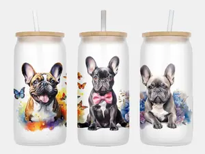 French Bulldog Glass Cup, Frosted Glass Can, Dog Breeds Cup, 16oz Glass Cup with Bamboo Lid and Straw, Frosted Tumbler, Cute Cup, Dog Lover, Dog Mom