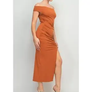 SCARLETT CAMEL RUCHED SLIT OFF SHOULDER MIDI DRESS
