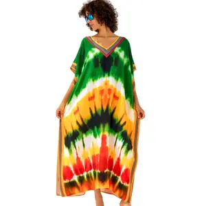 Women's Boho Kaftan Dress, Summer Clothes, Ethnic Print Casual Loose Fit Oversized Maxi Dress for Beach Holiday Vacation, Ladies Summer Clothes, Women's Clothing, Womenswear, Swimsuit Cover Up, Mumu Bubu Caftan Dresses for Party - Multi Color Tie Dye