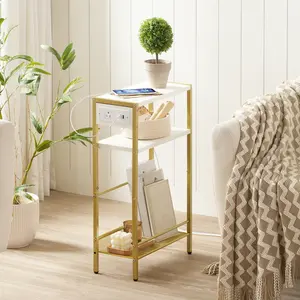 HOOBRO Small Narrow Side Table with Charging Station, Skinny End Table for Small Spaces, Slim Nightstand with USB Ports Outlet, Sofa Beside Table with Storage Shelf