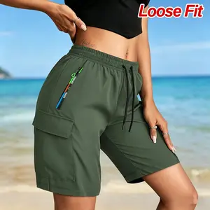 Summer Women's New Casual Cargo Shorts Knee-length Pants with Drawstring Waist, Gradient Zipper Pocket, Cargo Pocket, Lightweight for Daily Casual Wear