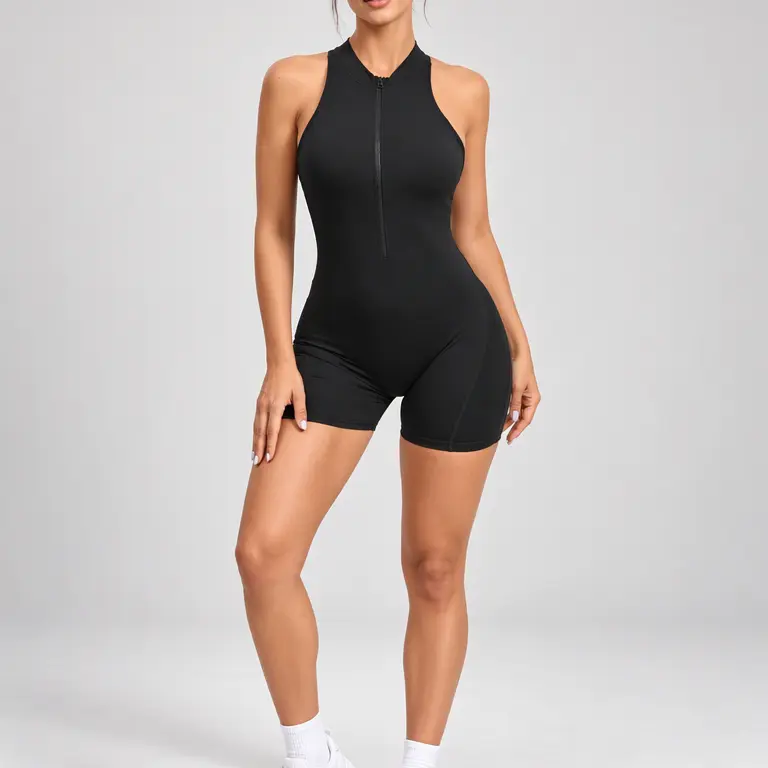 Tight-Fitting Zipper Sports Yoga Bodysuit - Soft Stretch, Quick-Drying, Peach Buttocks Sculpting, Spandex-Elastane, Breathable, Skin-Friendly Solid Color Jumpsuit - Athletic Training Apparel for Gym & Daily Wear (Multi-Size), Fitness Sport Outfits