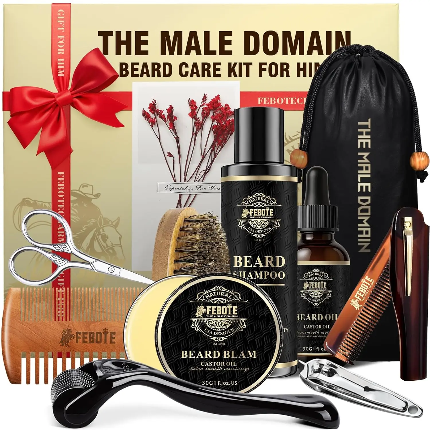 Beard Care Kit for Men - Premium Grooming & Care Set with Beard Wash, Oil, Balm, Brush, Massager Roller and Scissors - Gift Ready Kit for Him Husband - Father's Day Valentine's Day Christmas