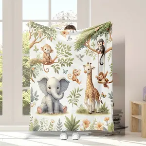 1pc gray digital printed grassland animal flannel blanket with leaves, elephants, giraffes and monkey elements for autumn cold-resistant nap blanket. Suitable for living room sofa and travel portable multi-purpose blanket