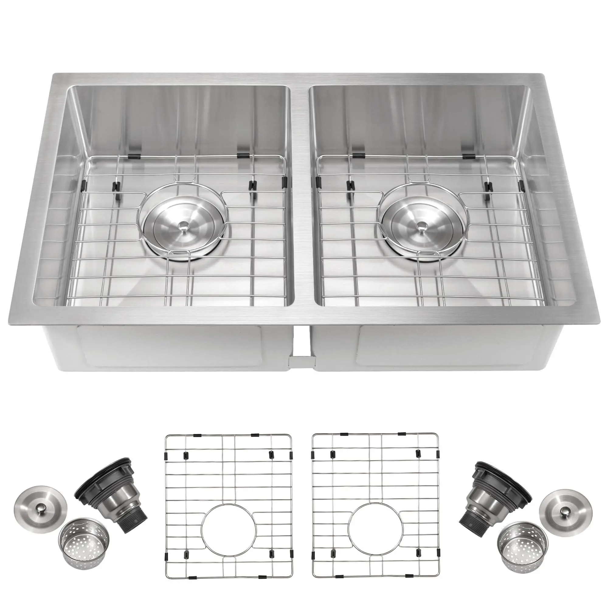 Kitchen Sink,36×19×10 inch Double Bowl Undermount Stainless Steel Kitchen Sink, Brushed 304 Design with 2.0mm Rim, 1.0mm Bowl, Bottom Grates & Drain Kit Included