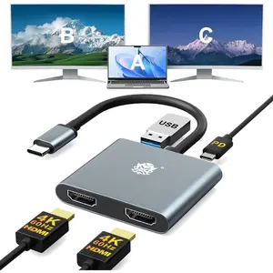 USB C to Dual HDMI Adapter 4K@60Hz, 4-in-1 HDMI Splitter for Dual Monitors, 100W PD , USB A Port, Docking Station for MacBook/LenovoYoga/Thinkpad, XPS and  (macOS only Support SST Mode)