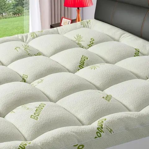 Premium Bamboo-Derived Viscose (40%) Queen Size Bamboo Topper Mattress - 1200 GSM Quilted Fitted Soft Mattress Pad, Back Pain Aid, Advanced Micro-Ventilation, Breathable, Wrinkle-Resistant, 21-in Deep Pocket