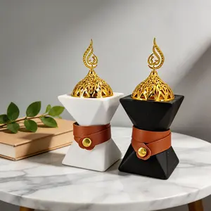 Ceramic Incense Burner with Leather Strap & Golden Lid, Elegant Bakhoor Holder for Home Decor, Fragrance, Aroma, Yoga, Meditation, Spa, Bedroom, Living Room, Arabian Nights Themed Party, Ramadan & Eid Gift