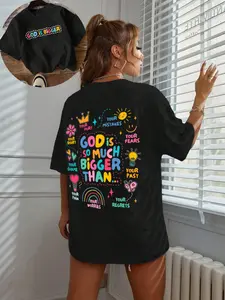 Women's Plain/Cartoon Letter Print Drop Shoulder Tee Top, Casual Half Sleeve Round Neck T-shirt for Daily Wear, Ladies Clothes for All Seasons