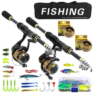 Complete Dual Rod Dual Reel Lure Fishing Kit with Multiple Baits, Fish Line, Portable Storage Bag, Universal Extendable Rod Spinning Wheel Combo