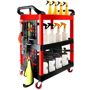 Auto Detailing Cart with Wheels, 3 Tier Car Detailing Cart with Hanging Boards & Hooks, Car Wash Organizer for Garage Workshop DIY Home