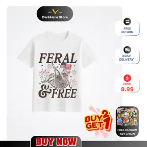 Feral And Free, Feral Racc00n, Independence Day, 4th Of July, Freedom, T-Shirt For Unisex Tees Print Womenswear Top Casual Streetwear Gifts Shirts.