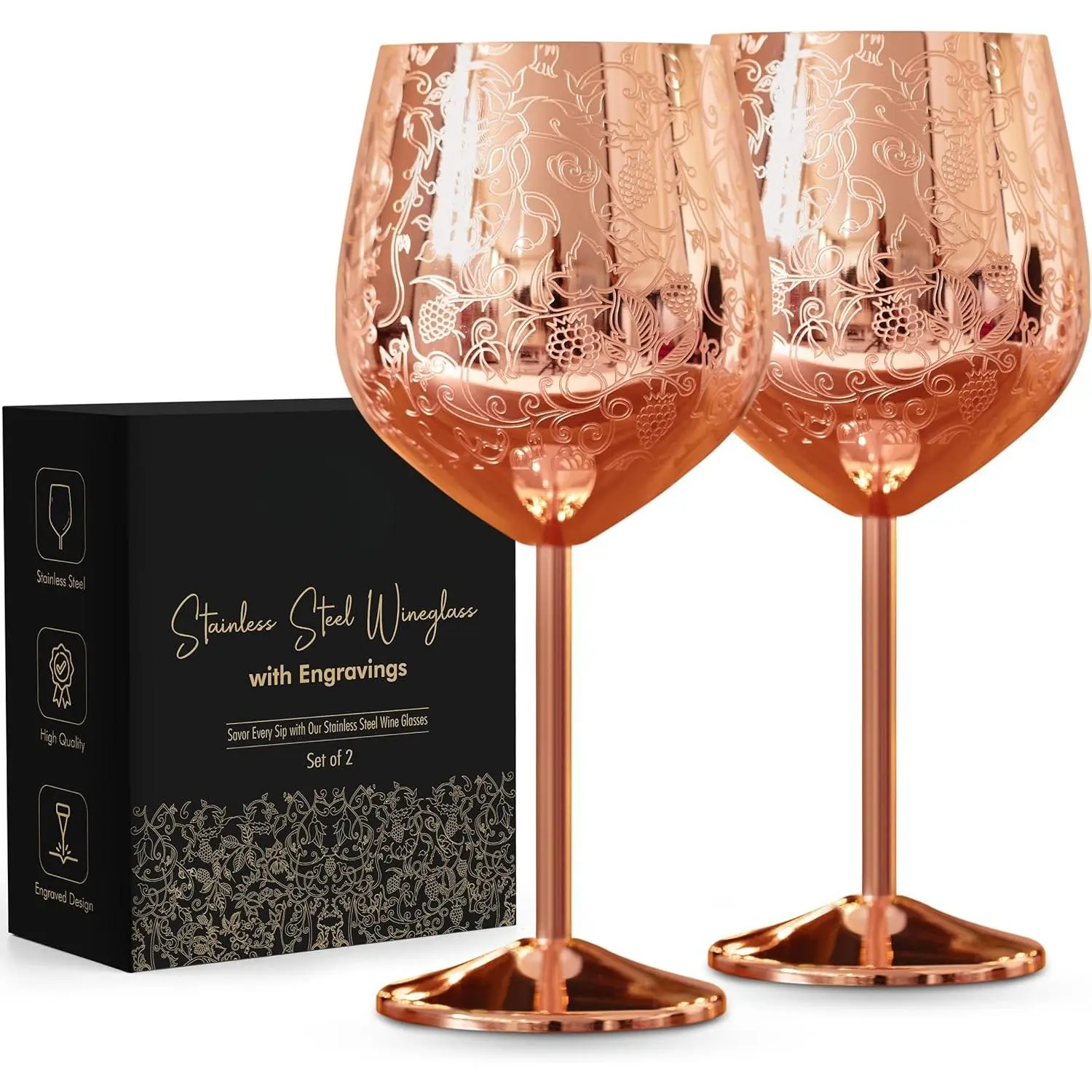 Stainless Steel Wine Glasses - 2-Piece 16 oz Stylish Etched Grape Goblets, Lightweight Durable Unbreakable Rose Gold Metal Cups, Ideal for Camping, Outdoor Events, Luxury Gifts for Anniversaries