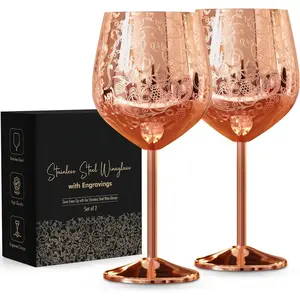 Stainless Steel Wine Glasses – Set of 2 Etched 16 oz Metal Goblets, Unbreakable Rose Gold Cups for Camping, Travel, Outdoor Events, Picnics, Luxury Wine Gifts for Women and Men