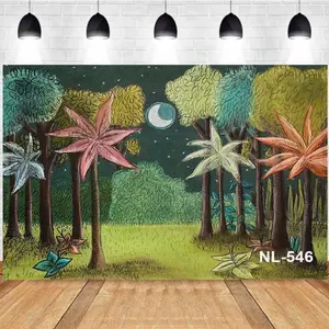 Photography Background Hand-Painted Style Forest Night View Trees Full Moon Childlike Cute Style Children's Birthday Party Baby Shower Photo Studio Backdrop