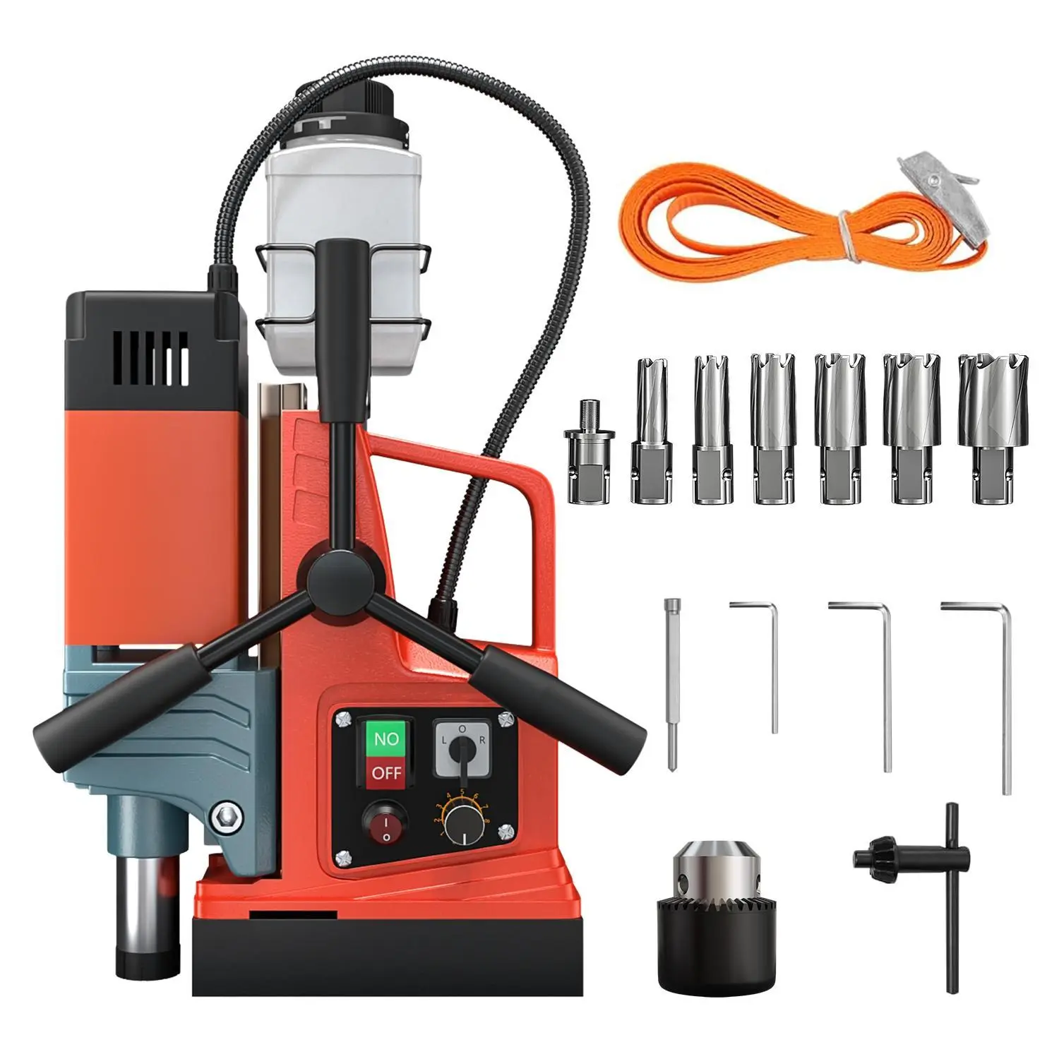 KARHDIR Easy-to-Use Portable Electric Magnetic Drill Press, 1500W, 13000N Magnetic Force, 2-in Boring Diameter, 6 Coring Bits, Titanium-Magnesium Alloy Guide Rail, Accessories Included, for Steel, Railway Construction Projects, Easy-To-Use Design, Home Im