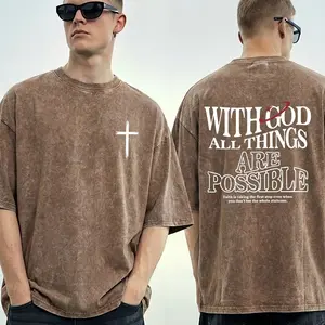 Men's Vintage Washed Cotton T-Shirt, Dual-Sided "With God All Things Possible" & Cross Graphic, Loose Fit Streetwear, Round Neck Short Sleeve Casual Tee, Retro Distressed Daily Top, Ribbed Neckline Casual Shirt for Men