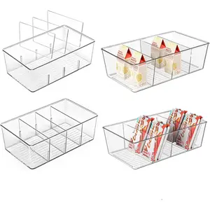 4 Pack Pantry Organizers,Clear Plastic Organizer Bins for Kitchen,Fridge,Drawer Organization and Storage, 4 compartment Snack Containers for Spice Packets,Tea bag