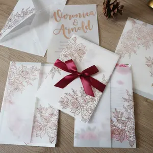 1set/5set Wedding Invitations Cards, Pre-Folded Sulfuric Acid Paper Envelope,for Wedding ，Birthday, Blessing Card，Event & Party Supplies（Including Envelopes,Outer Cards, Blank Inner Pages, Bows）