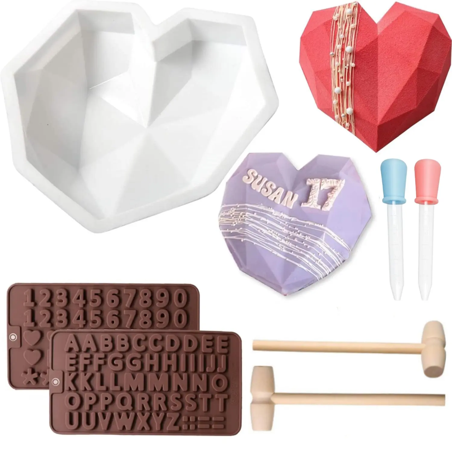 7-Piece Breakable Heart Silicone Mold Kit with Wooden Hammer & Dropper - 7.8in Large Chocolate Candy Mold for Valentine Baking, Birthday Cake Decorating, Silicone Molds