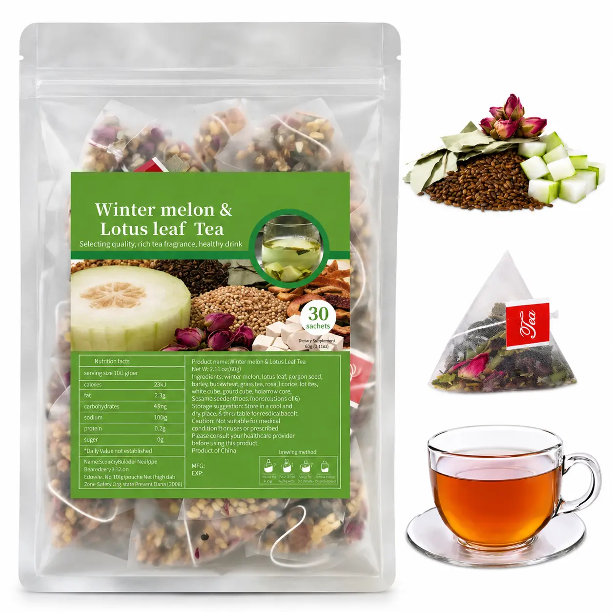 Caffeine-Free Natural Vanilla Winter Melon & Lotus Leaf Wellness Tea Beverage, 34g, 30 Pyramid Tea Bags with Licorice Root, Watermelon Infusion & Multiple Herbs for Adults