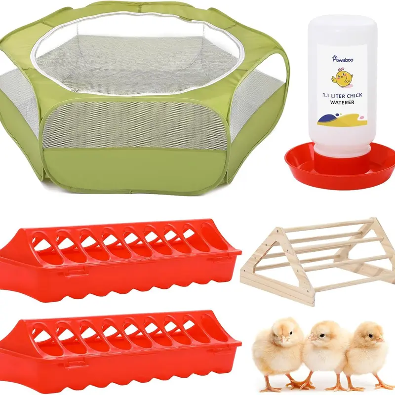 Pawaboo 5-in-1 Detachable Chicken Brooder Box Kit - Easy-Install Small Animal Habitat for 18 Chicks/Duck Groups, Includes Safe Tent, Perch, Feeder, 1.1L Waterer, Plastic Parts, Green+Red+Wood Color, Feeding Manual (Supports Hydrated & Healthy Chicks)