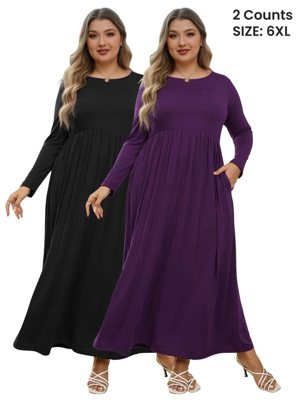 【Plus Size】 Long Sleeve Maxi Dress Set, Casual Fitted Dresses, Classy Modest Dresses, Fall Winter Women Apparel, 2 Counts 【Plus Size】 Long Sleeve Maxi Dress Set, Casual Fitted Dresses, Classy Modest Dresses, Fall Winter Women Apparel, 2 Counts